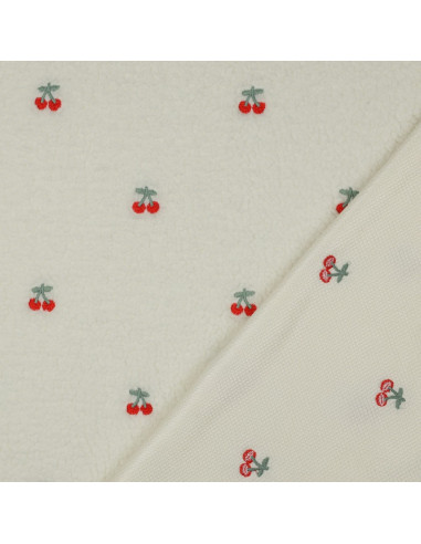 Teddy fur fabric embroidered with cherries - Ecru