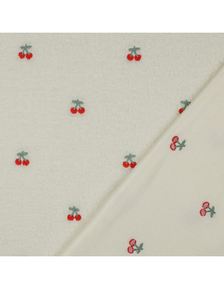 Teddy fur fabric embroidered with cherries - Ecru
