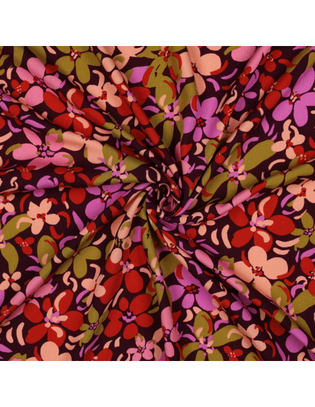 Dark purple viscose fabric with bright flowers