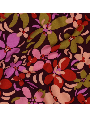 Dark purple viscose fabric with bright flowers