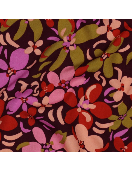 Dark purple viscose fabric with bright flowers