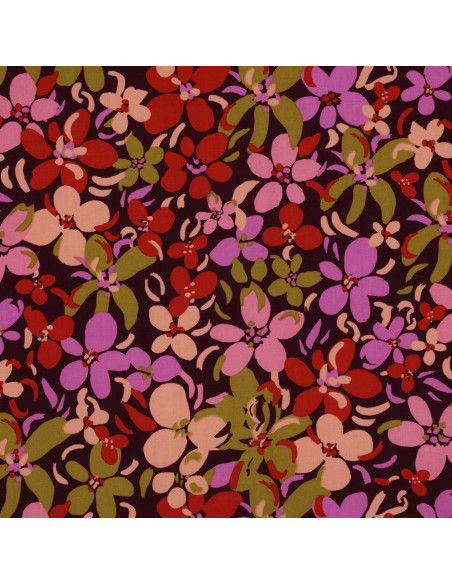 Dark purple viscose fabric with bright flowers