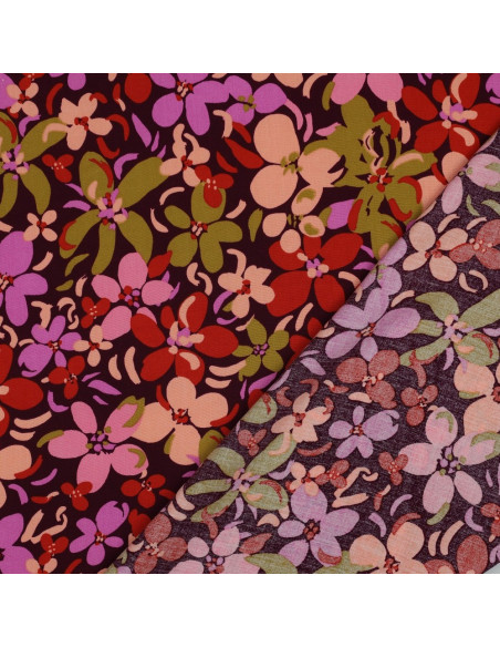 Dark purple viscose fabric with bright flowers