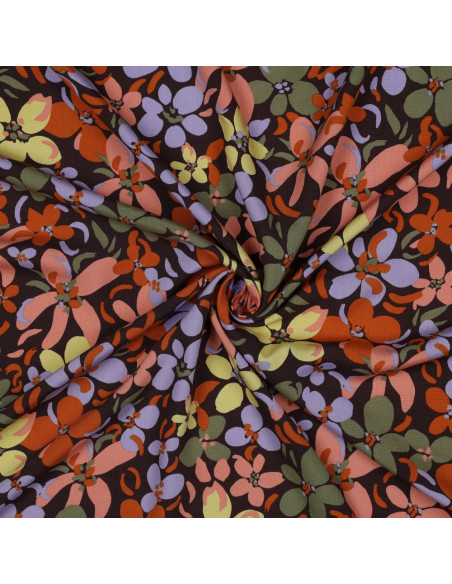 Viscose fabric with bright flowers - Dark brown