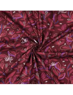 Cotton poplin fabric with flowers and leaves - Bordeaux