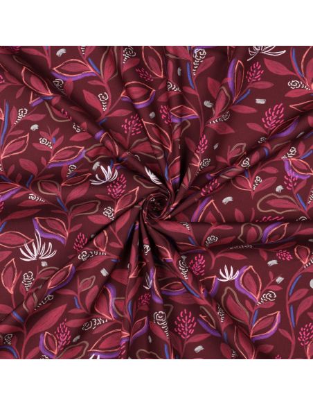 Cotton poplin fabric with flowers and leaves - Bordeaux