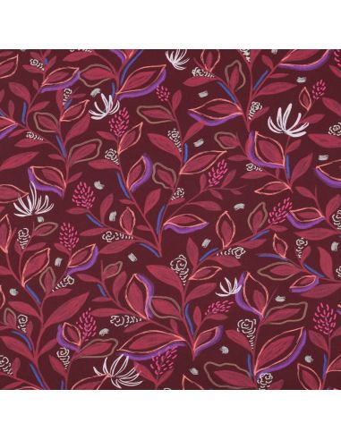 Cotton poplin fabric with flowers and leaves - Bordeaux