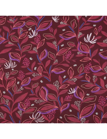Cotton poplin fabric with flowers and leaves - Bordeaux
