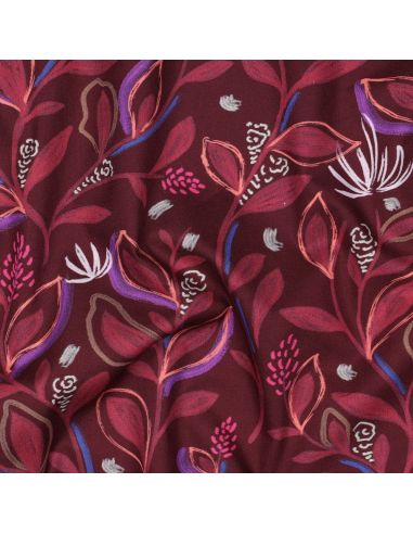 Cotton poplin fabric with flowers and leaves - Bordeaux