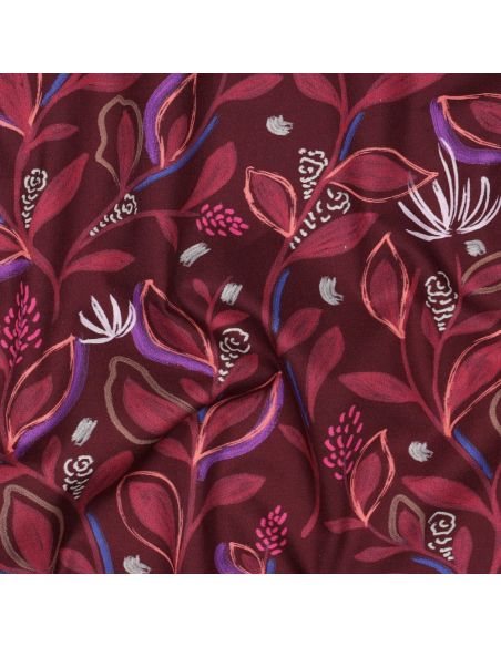 Cotton poplin fabric with flowers and leaves - Bordeaux