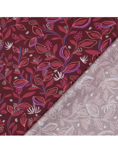 Cotton poplin fabric with flowers and leaves - Bordeaux