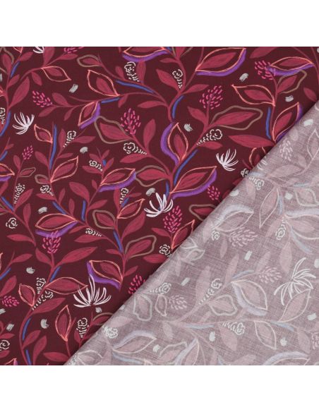 Cotton poplin fabric with flowers and leaves - Bordeaux