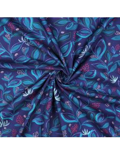 Cotton poplin fabric with flowers and leaves - Blue