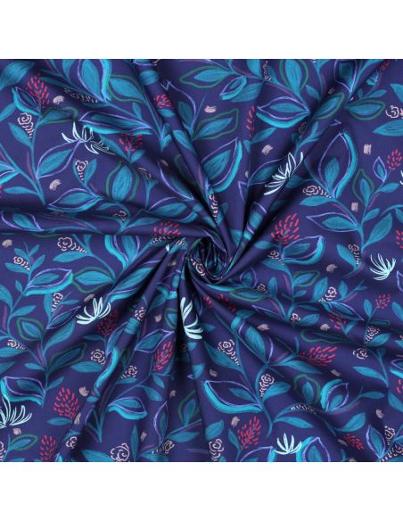 Cotton poplin fabric with flowers and leaves - Blue