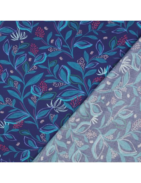 Cotton poplin fabric with flowers and leaves - Blue
