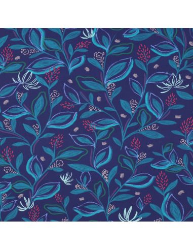Cotton poplin fabric with flowers and leaves - Blue