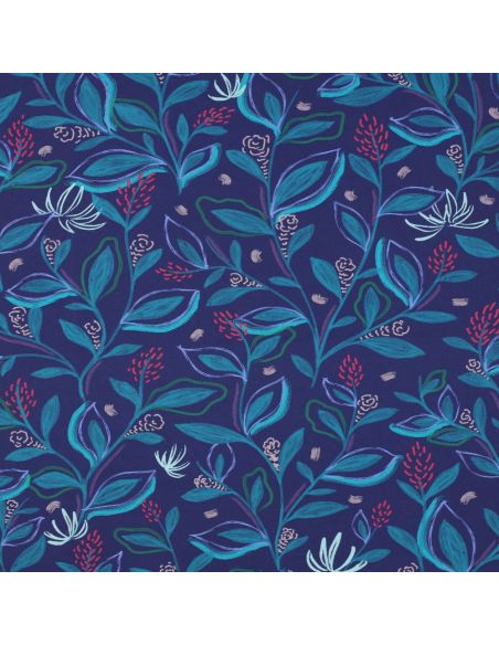 Cotton poplin fabric with flowers and leaves - Blue