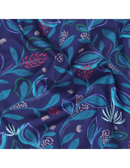 Cotton poplin fabric with flowers and leaves - Blue