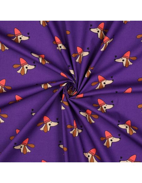 Cotton poplin fabric with dogs and hearts - Purple