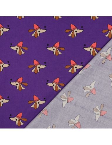 Cotton poplin fabric with dogs and hearts - Purple