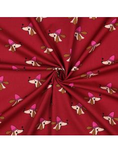 Cotton poplin fabric with dogs and hearts - Bordeaux