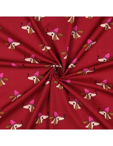 Cotton poplin fabric with dogs and hearts - Bordeaux