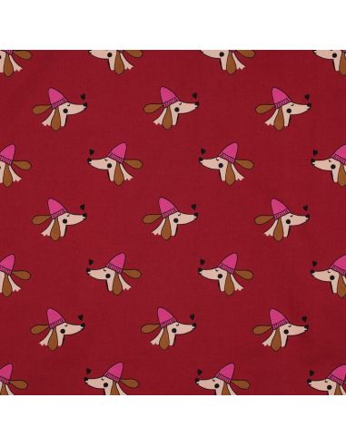Cotton poplin fabric with dogs and hearts - Bordeaux