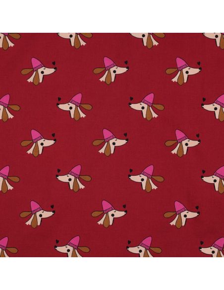 Cotton poplin fabric with dogs and hearts - Bordeaux
