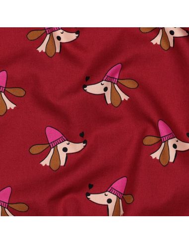 Cotton poplin fabric with dogs and hearts - Bordeaux
