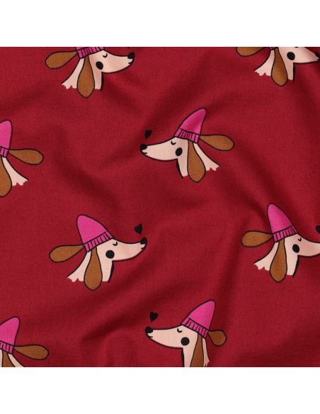 Cotton poplin fabric with dogs and hearts - Bordeaux