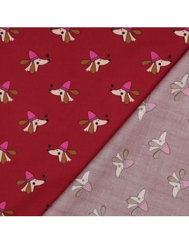 Cotton poplin fabric with dogs and hearts - Bordeaux