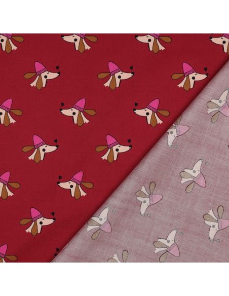 Cotton poplin fabric with dogs and hearts - Bordeaux
