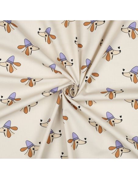Cotton poplin fabric with dogs and hearts - Off-white