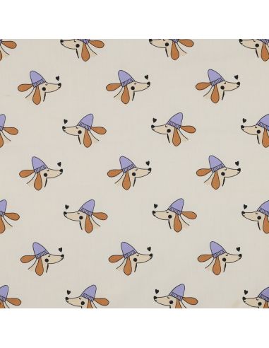 Cotton poplin fabric with dogs and hearts - Off-white