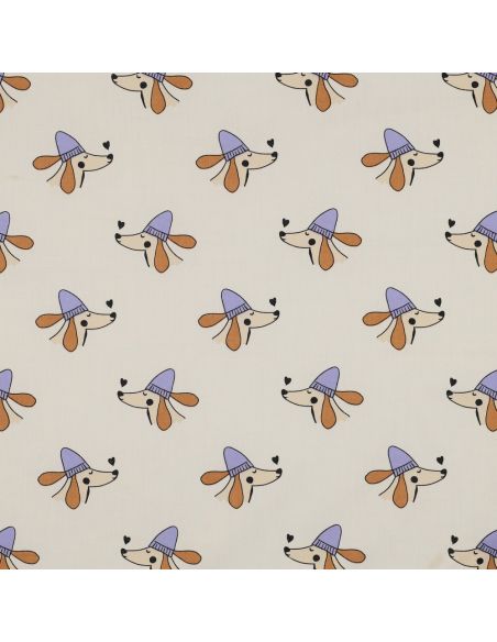 Cotton poplin fabric with dogs and hearts - Off-white