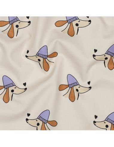 Cotton poplin fabric with dogs and hearts - Off-white
