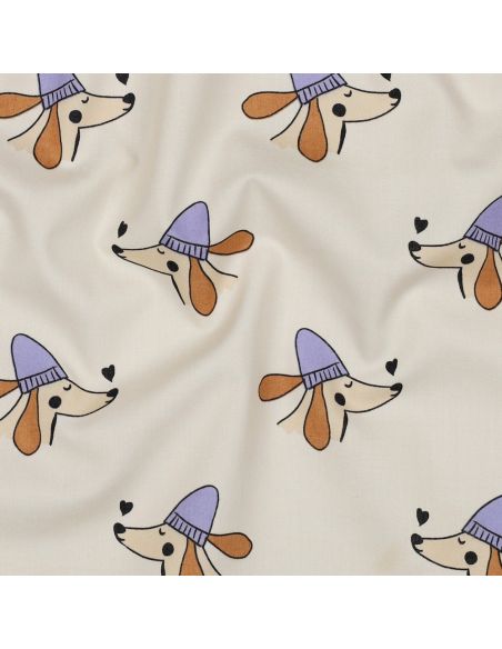 Cotton poplin fabric with dogs and hearts - Off-white