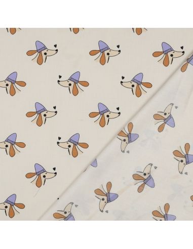 Cotton poplin fabric with dogs and hearts - Off-white