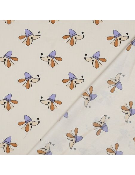 Cotton poplin fabric with dogs and hearts - Off-white
