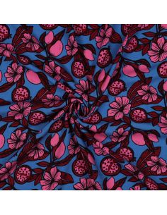 Viscose fabric - Pink flowers on blue background