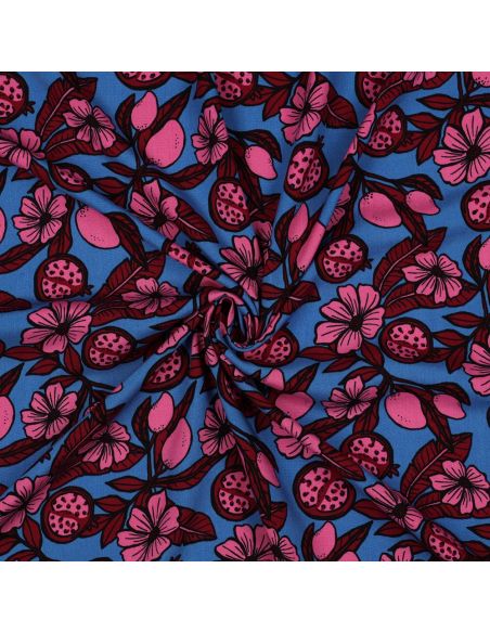 Viscose fabric - Pink flowers on blue background
