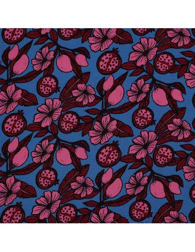 Viscose fabric - Pink flowers on blue background