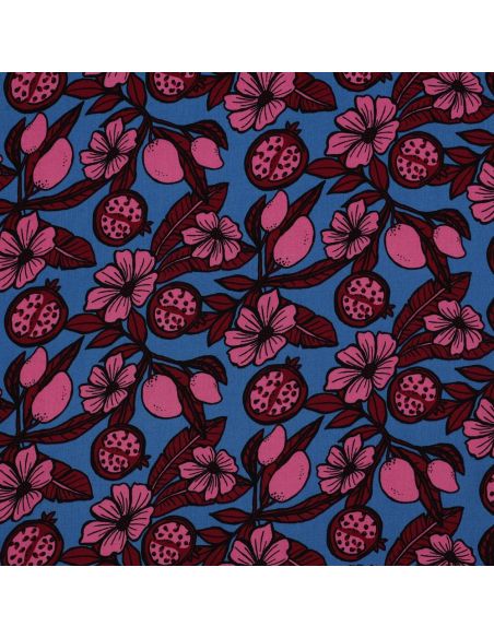 Viscose fabric - Pink flowers on blue background