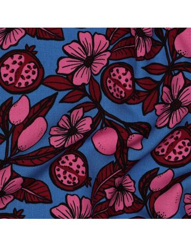 Viscose fabric - Pink flowers on blue background