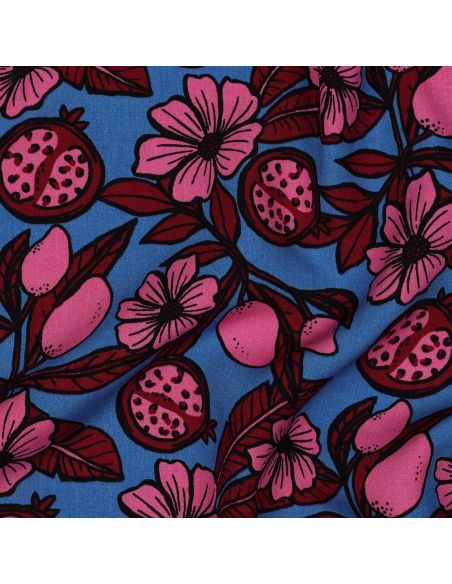 Viscose fabric - Pink flowers on blue background