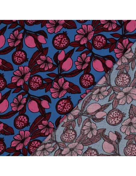 Viscose fabric - Pink flowers on blue background