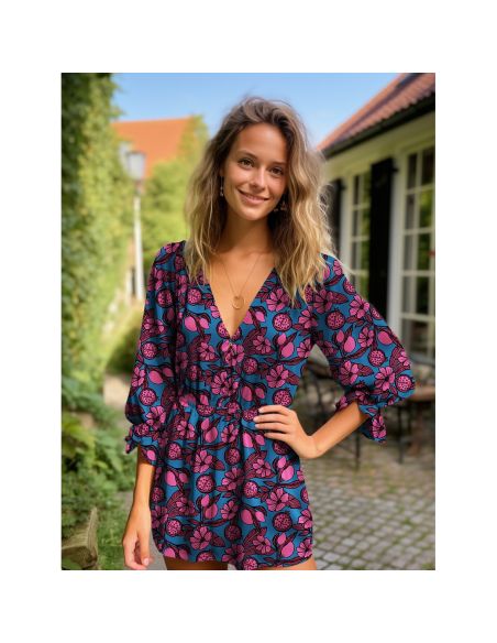 Viscose fabric - Pink flowers on blue background