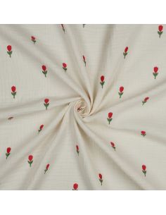 Double gauze fabric embroidered with flowers - Natural