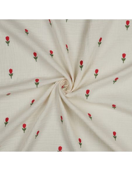Double gauze fabric embroidered with flowers - Natural