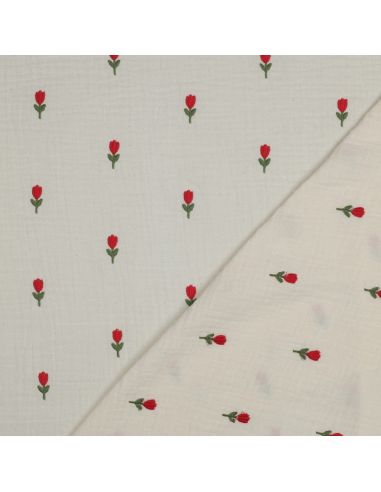 Double gauze fabric embroidered with flowers - Natural
